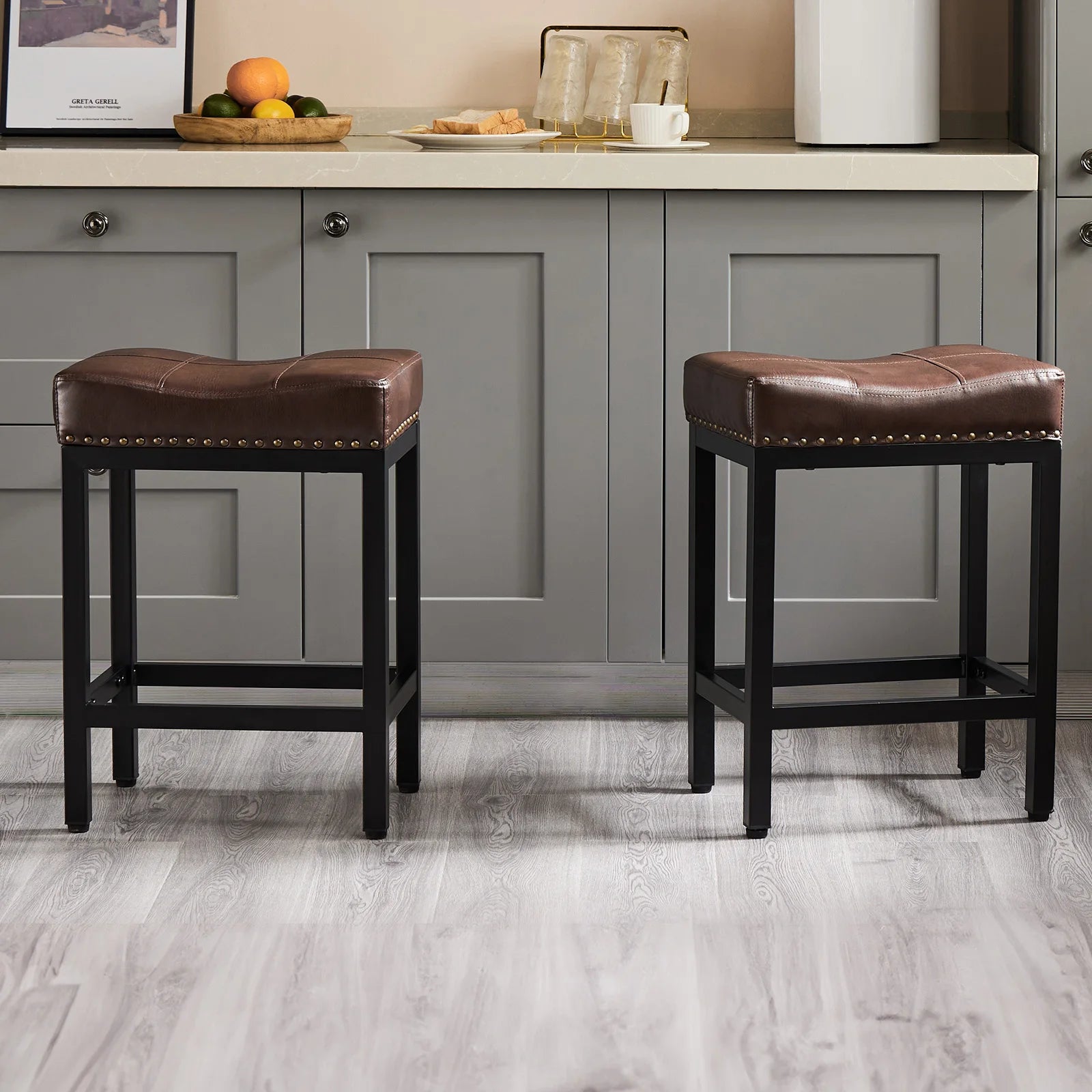 Adjustable PU Leather Saddle Bar Stools with Metal Base