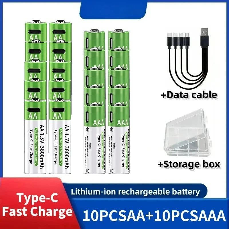 Uppladdningsbara litiumbatterier AA & AAA med Type-C snabbladdningsset