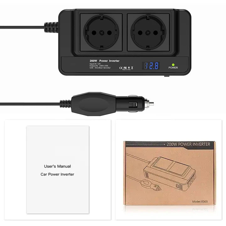 Inversor veicular de 200W, converte 12V DC em 220V AC, com duas tomadas de energia e quatro portas USB QC3.0 de 35W.