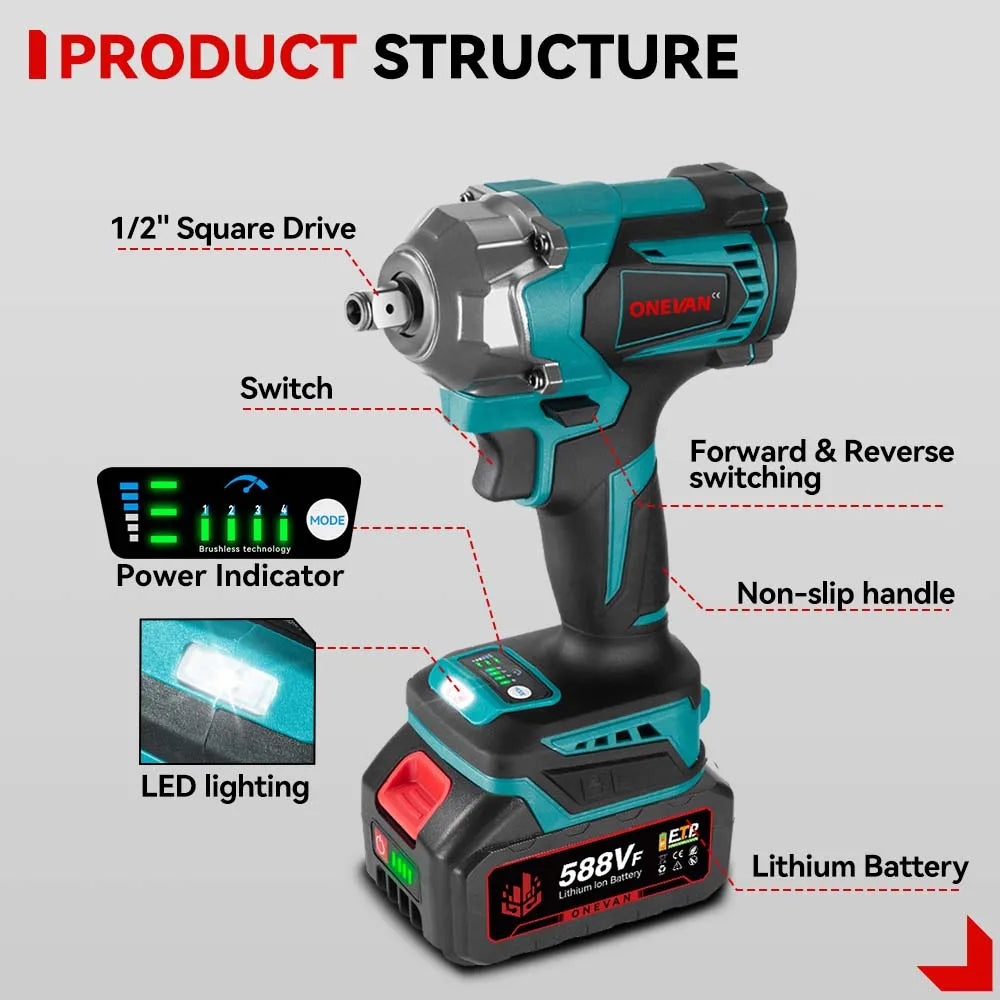 ONEVAN 1200N.m Brushless Electric Impact Wrench 1/2 inch Cordless Electric Screwdriver Drill Tool For Makita 18V Battery Pin - Spy-shop.com