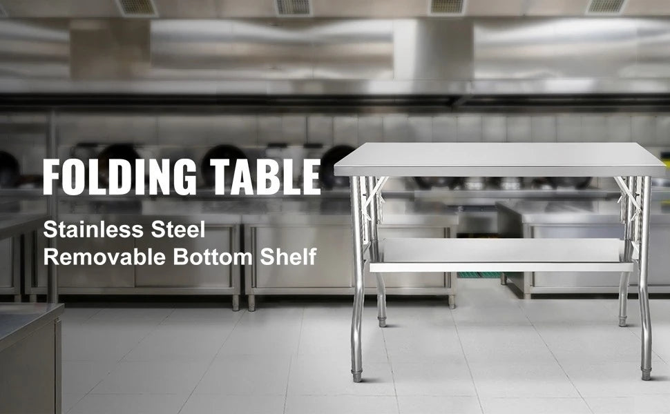 Folding Stainless Steel Work Table with Undershelf 48x24 Inch