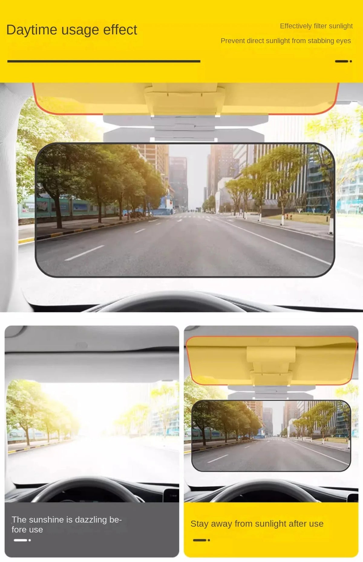 Clip-On Car Sun Visor Extension with Grey & Yellow Panels