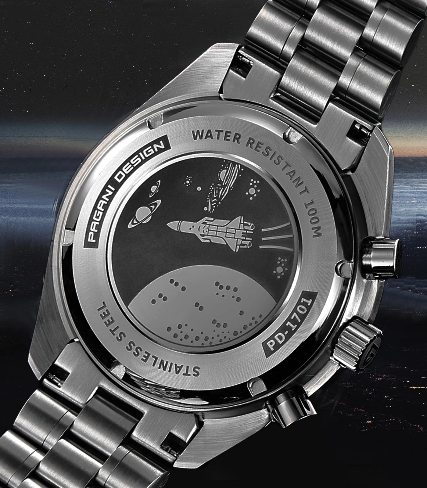Orologio al quarzo in acciaio Pagani Design PD1701 Moonwatch Cronografo