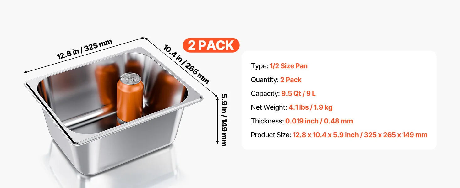 Stainless Steel Hotel Pan 1/2 Size Steam Table Pans Set