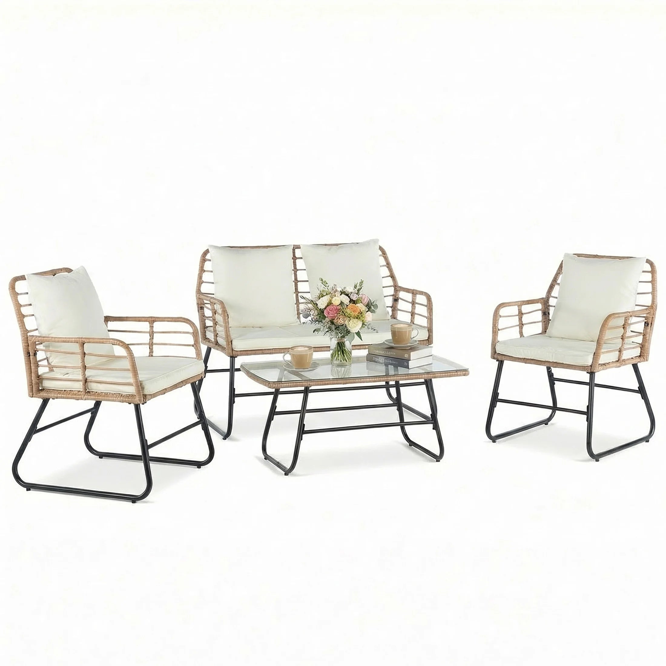 Set di mobili da esterno in vimini JHK per patio, 4 pezzi con cuscini morbidi e tavolo in vetro, sedie intrecciate a mano per giardino e prato