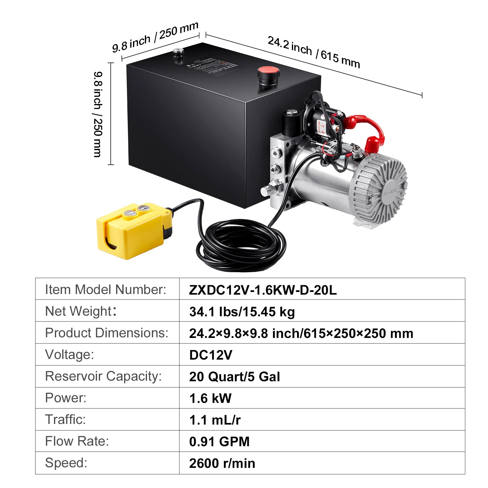 12V Hydraulic Pump Power Unit 20 Quart for Dump Trailer Lifting