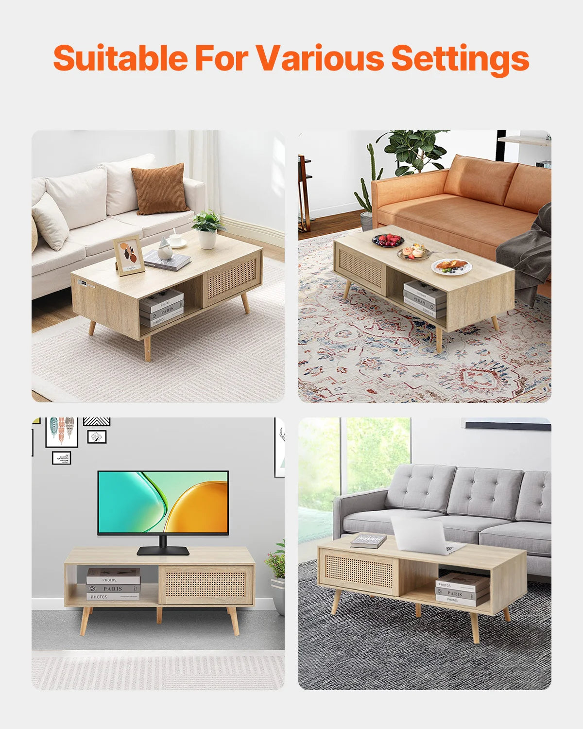 Rattan Coffee Table with Storage Shelf Boho Rectangle 42–47in