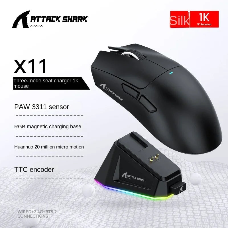 Attack Shark X11 Wireless mouse, three-mode connection 2.4GHz/ wired/Bluetooth PAW3311 22000DPI RGB magnetic charging dock mouse