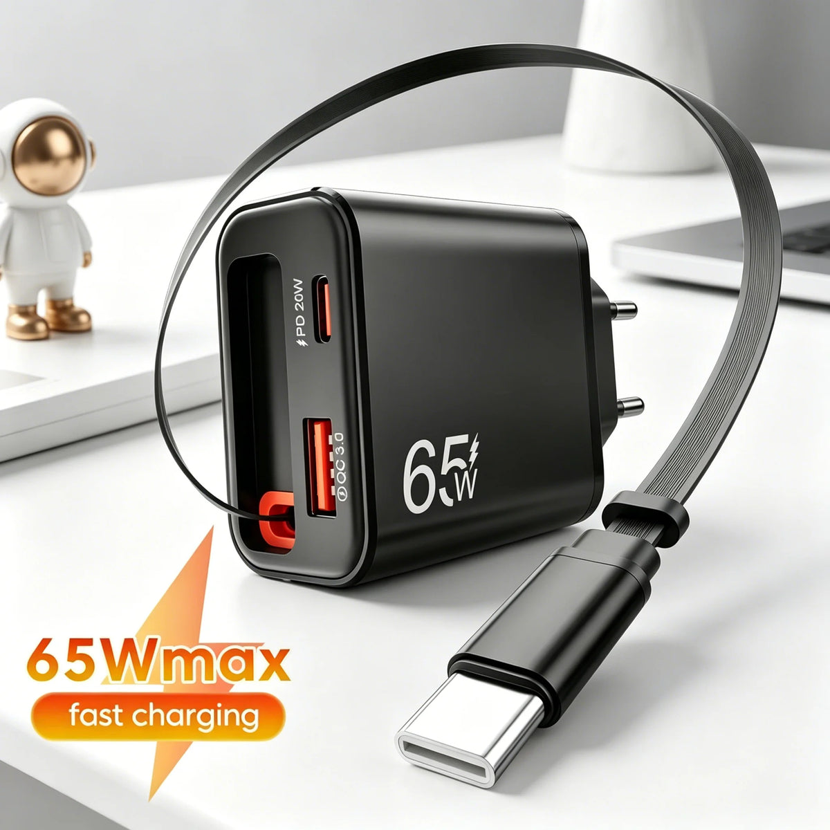 Wandladegerät mit ausziehbarem USB-C-Kabel