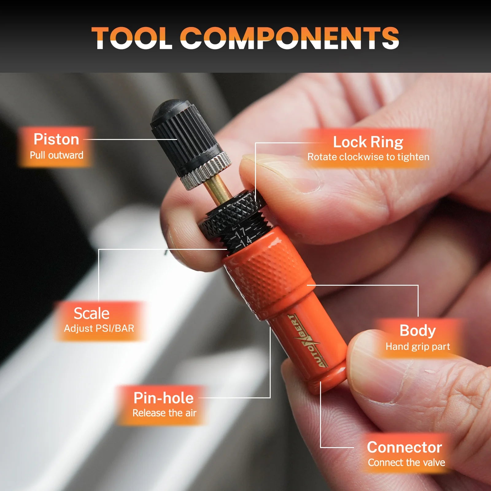 4 X 10-30 PSI Orange Adjustable Auto-Stop Tire Deflator Valve Kit Screw-on Tyre Deflator Tool For Offroad 4x4 Vehicle Accessorie