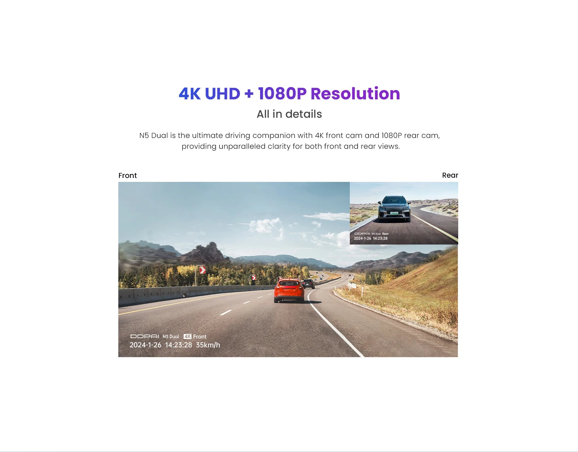 Cameră Duală 4K pentru Bord Față și Spate cu GPS, Viziune Nocturnă și ADAS
