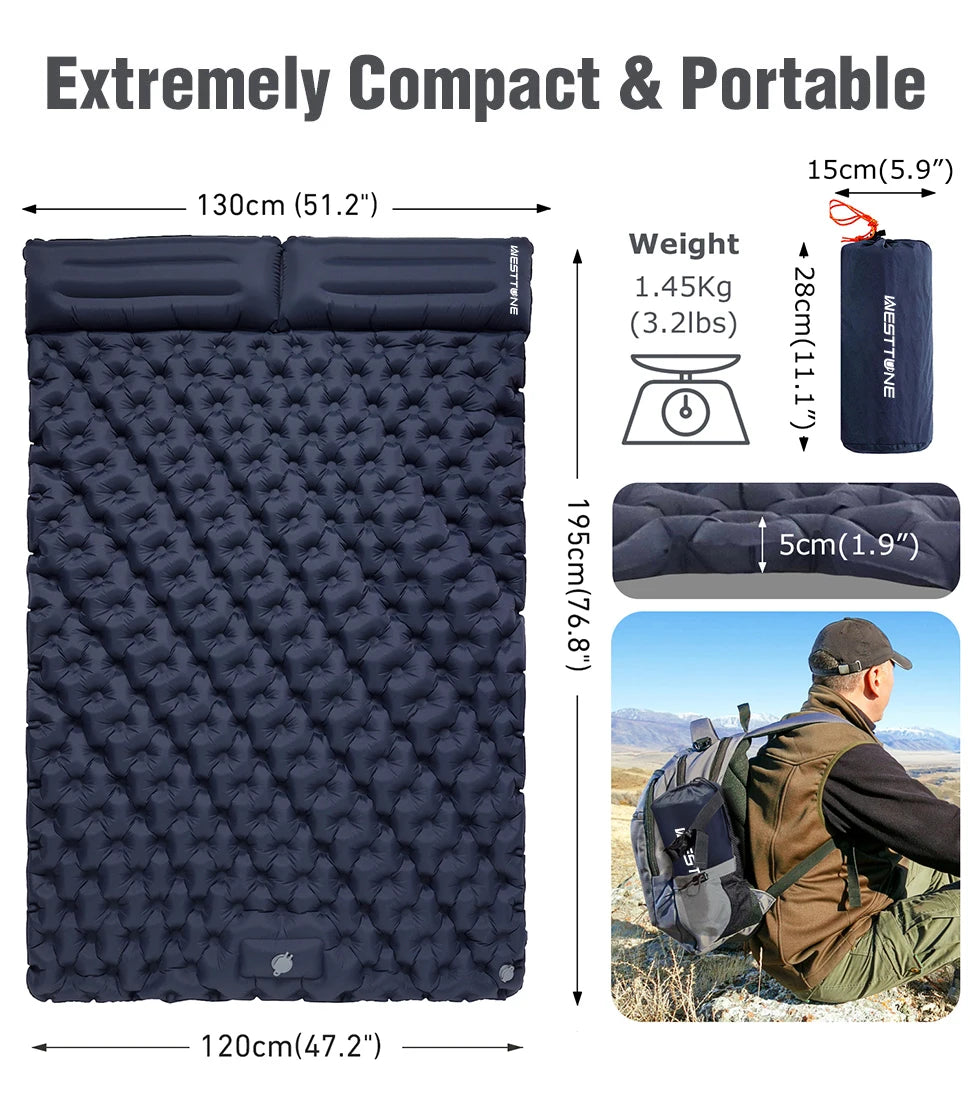Double Inflatable Sleeping Pad with Built-In Pump for 2 People