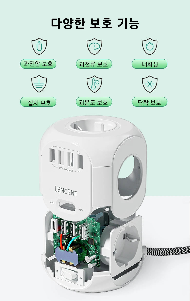 LENCENT EU Plug Power Strip with 4 AC Outlets 3 USB Port 1 Type C 2M/3M Braided Cable Multi Socket with Switch for Home