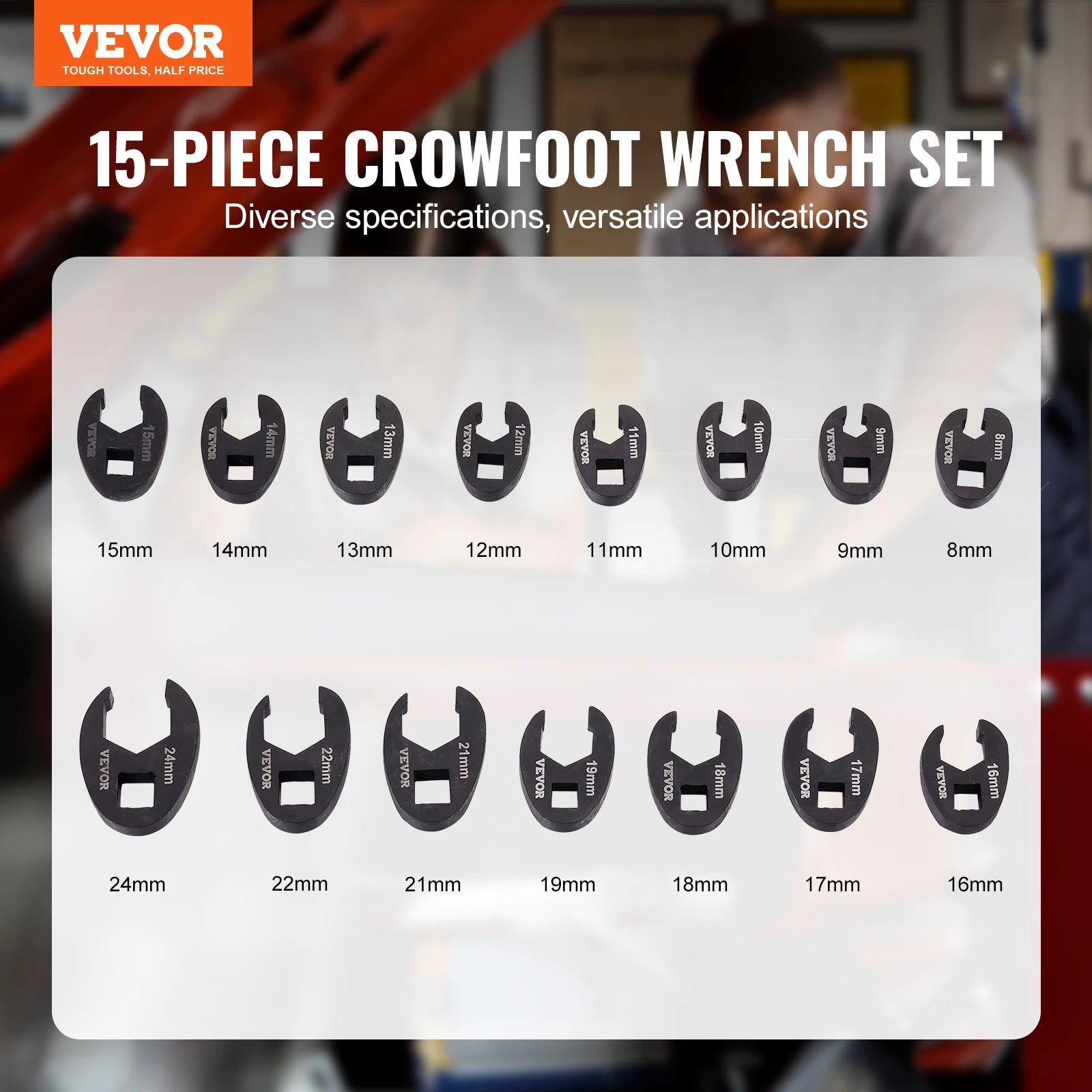 Sæt med crowfoot-nøgler 3/8" & 1/2" drev CR-MO stål værktøjssæt