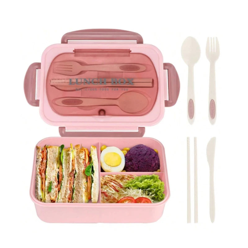 Caixa bento compartimentada para almoço com utensílios, opções de cor