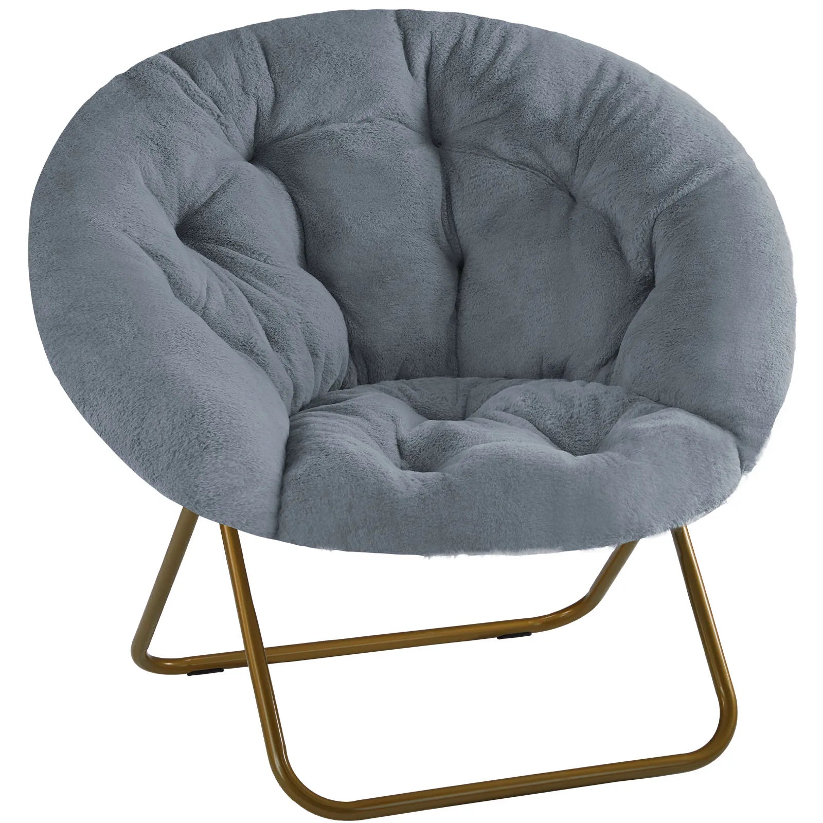 Foldable Faux Fur Saucer Chair with Thick Cushion and Metal Frame