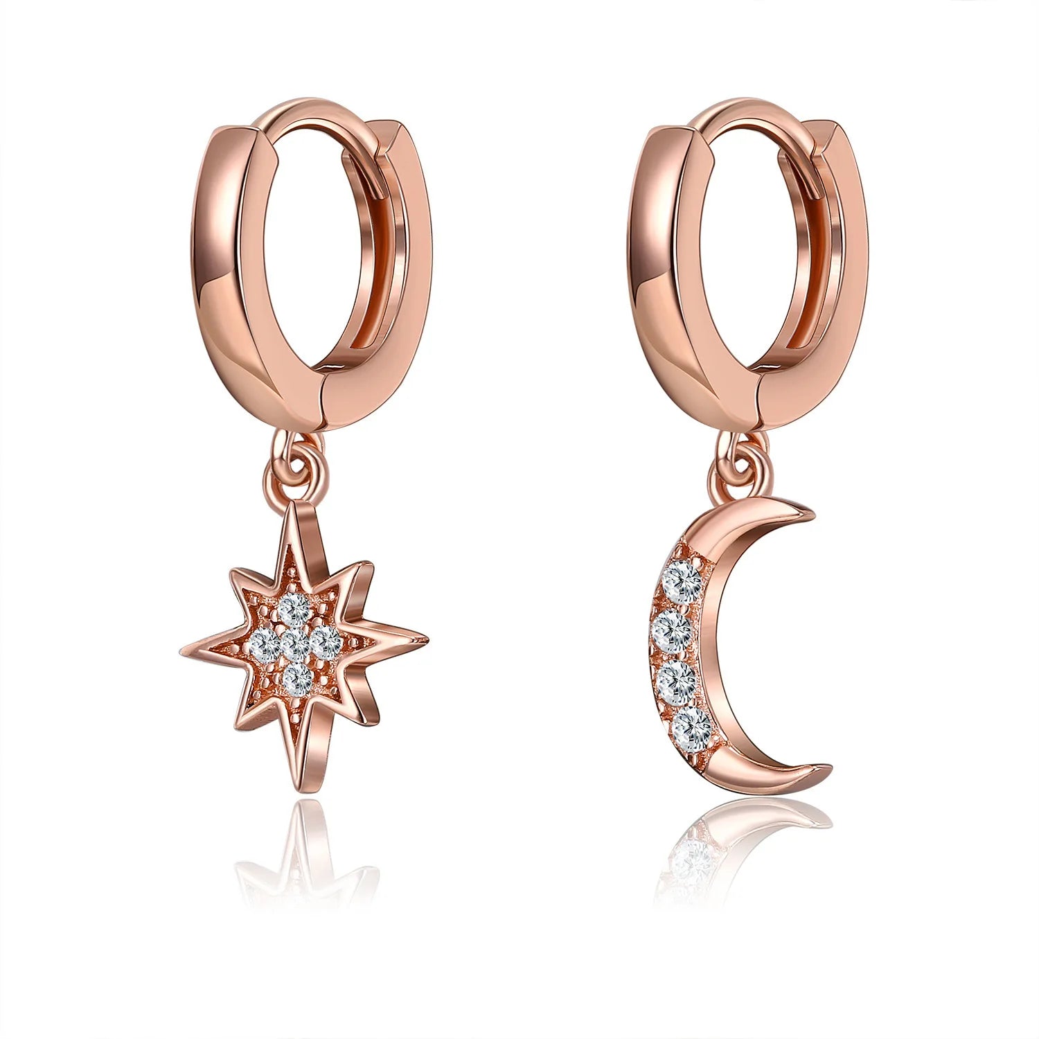 925 Sterling Silver CZ Star Moon Asymmetric Hoop Earrings