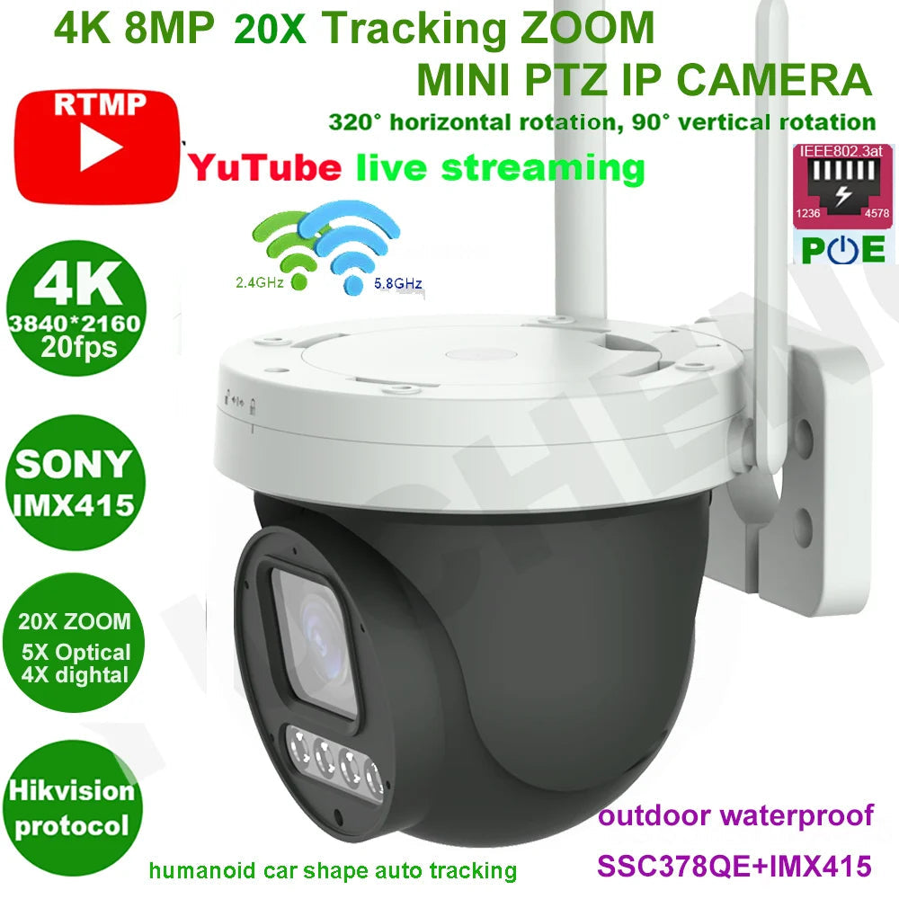20X ZOOM wifi 4K 8MP 30fps 6MP Auto tracking ZOOM POE auto tracking PTZ IP Camera RTMP Hikvision protocol 512GB SD 30M IR