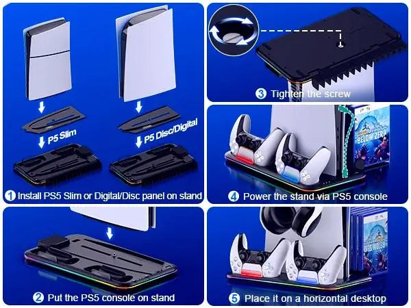 Slim Console Cooling Stand with RGB Light, Dual Controller Charger, 15 Game Slots and Headset Holder