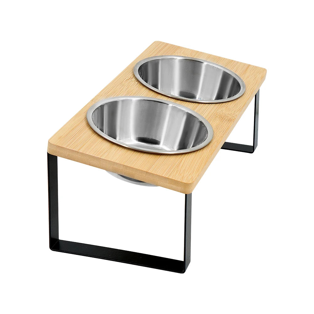 Elevated Cat Bowls 15° Tilted Raised Cat Food Bowls with Wooden Stand Anti Vomiting 2 Stainless Steel Bowls for Cats and Puppy