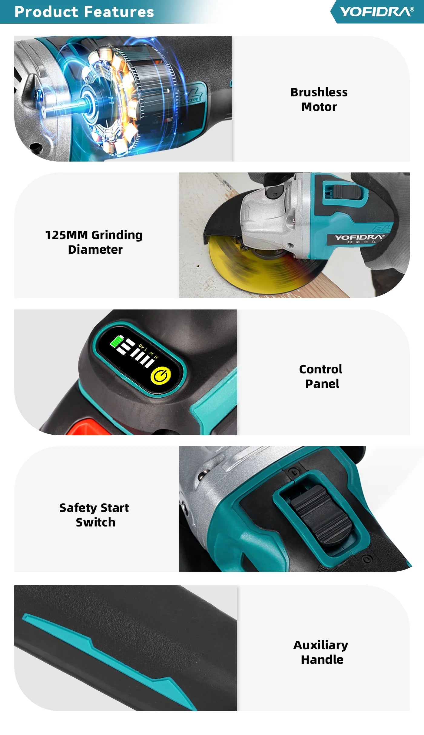 YOFIDRA 3000W 125mm Brushless Electric Angle Grinder Metal Wood Grinding Polishing Cutting Power Tool For Makita Battery Pin