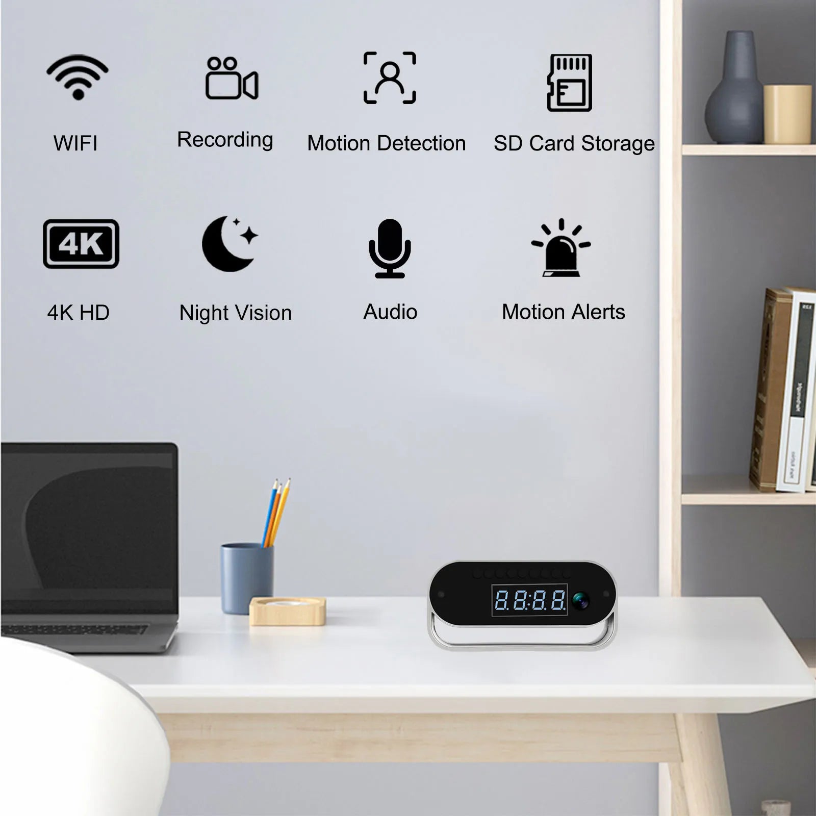 4K WiFi-klokcamera met nachtzicht, bewegingsmeldingen en afstandsbediening bekijken