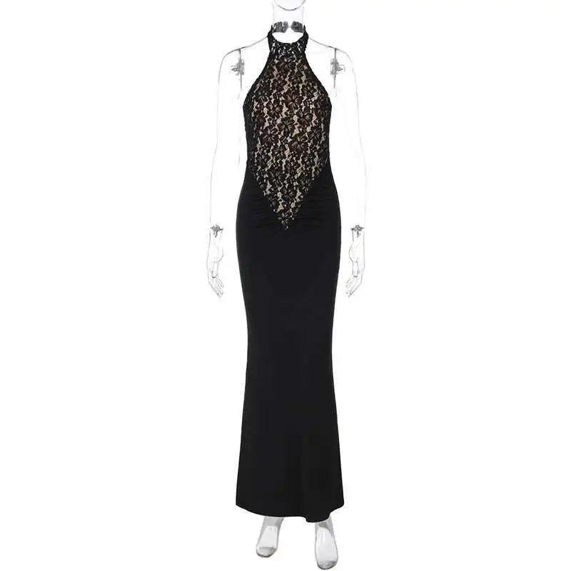 Mozision Lace Halter Backless Sexy Maxi Dress For Women Black Off-shoulder Strapless Sleeveless Bodycon Club Party Long Dress