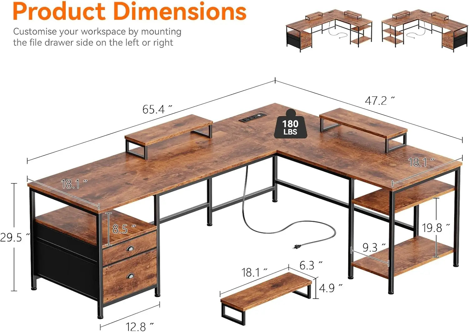 66" L Shaped Desk with Power Outlet, Storage Shelves & Drawer