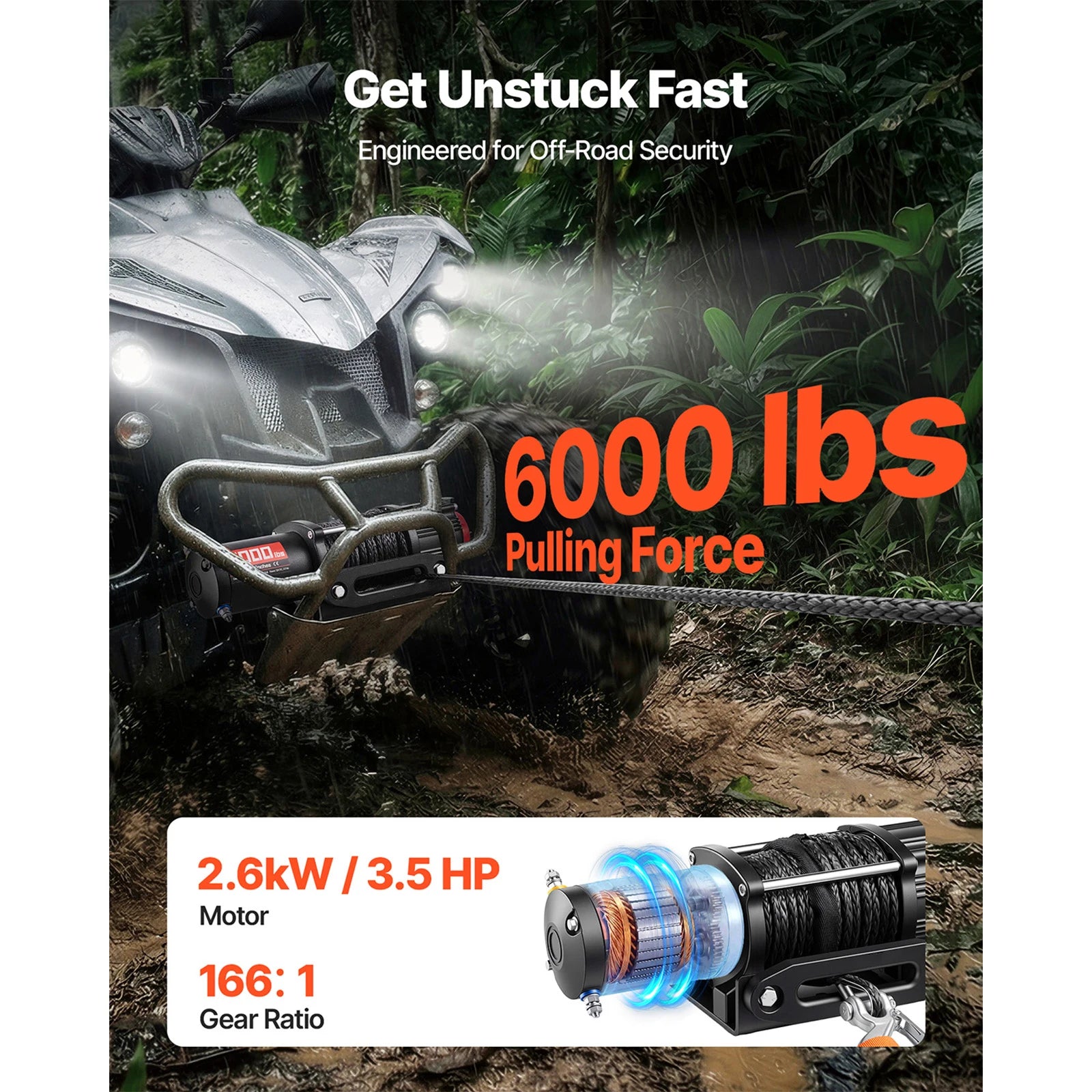 6000lb 12V ATV UTV Electric Winch with Remote & 49.2ft Cable