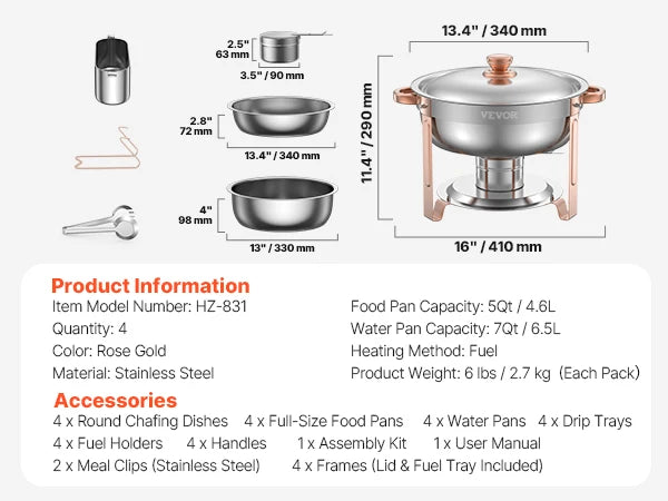 4-Pack Stainless Steel Chafing Dish Set with Full-Size Pans