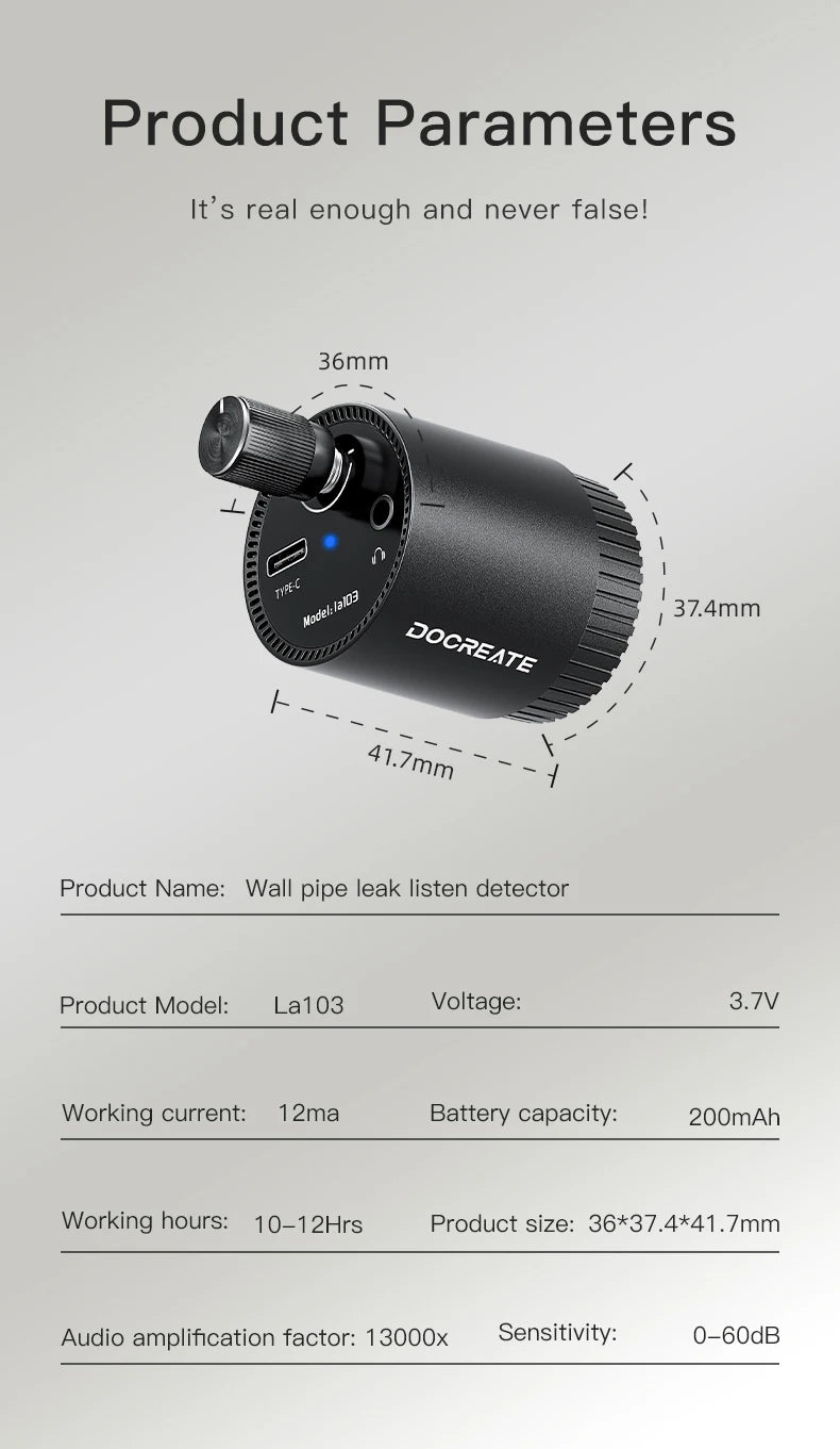 Docreate Mini Leak Detector Sound Amplifier For Home/13000X Audio Magnification/High Sensitivity Sensor/Rechargeable 200mAh