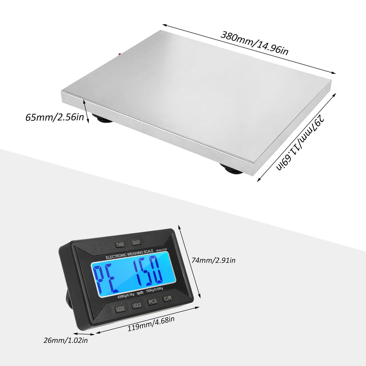 Digital Shipping Scale 450kg/992lb Heavy Duty Postal Scale Stainless Steel with Wireless Displays/Tare/3 Units for Home