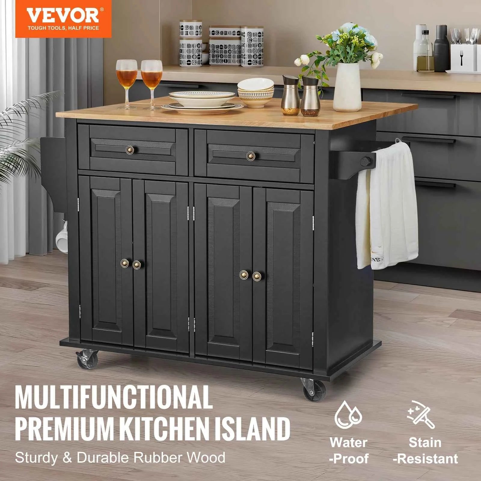 SucceBuy 43" Kitchen Island Cart Wood Top Mobile Carts with Storage Cabinet Rolling Table with Leaf Spice Rack Towel Bar Black