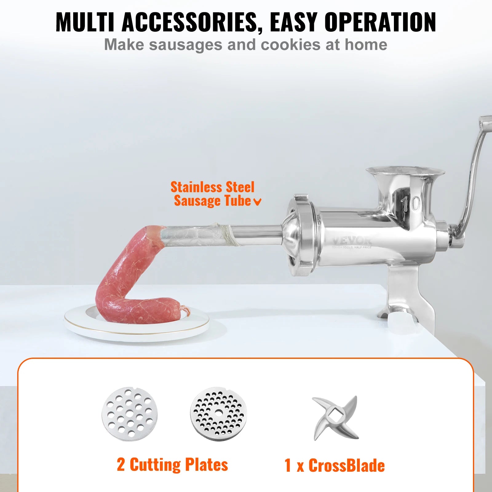 Manual Meat Grinder Stainless Steel with Clamp & Sausage Maker