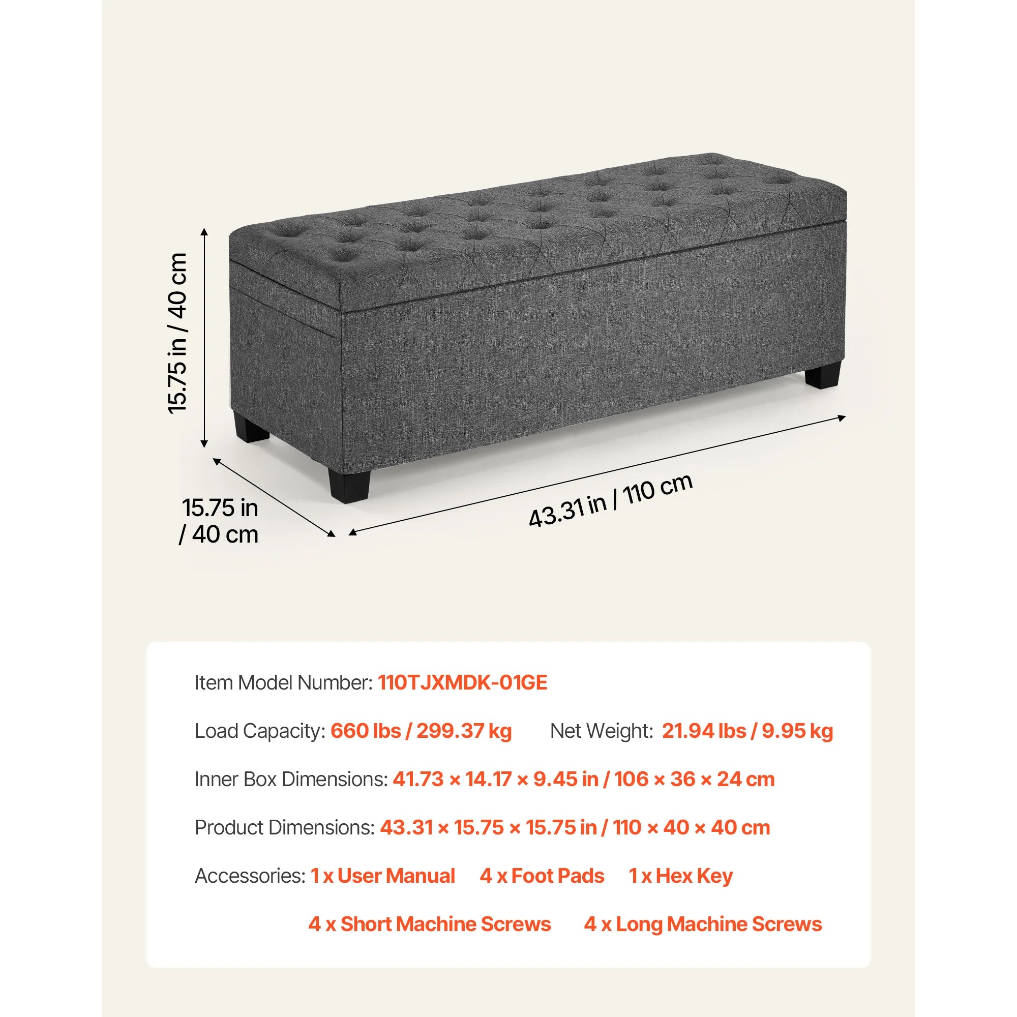Foldable Storage Ottoman Bench with Hidden Compartments, 660lb Support