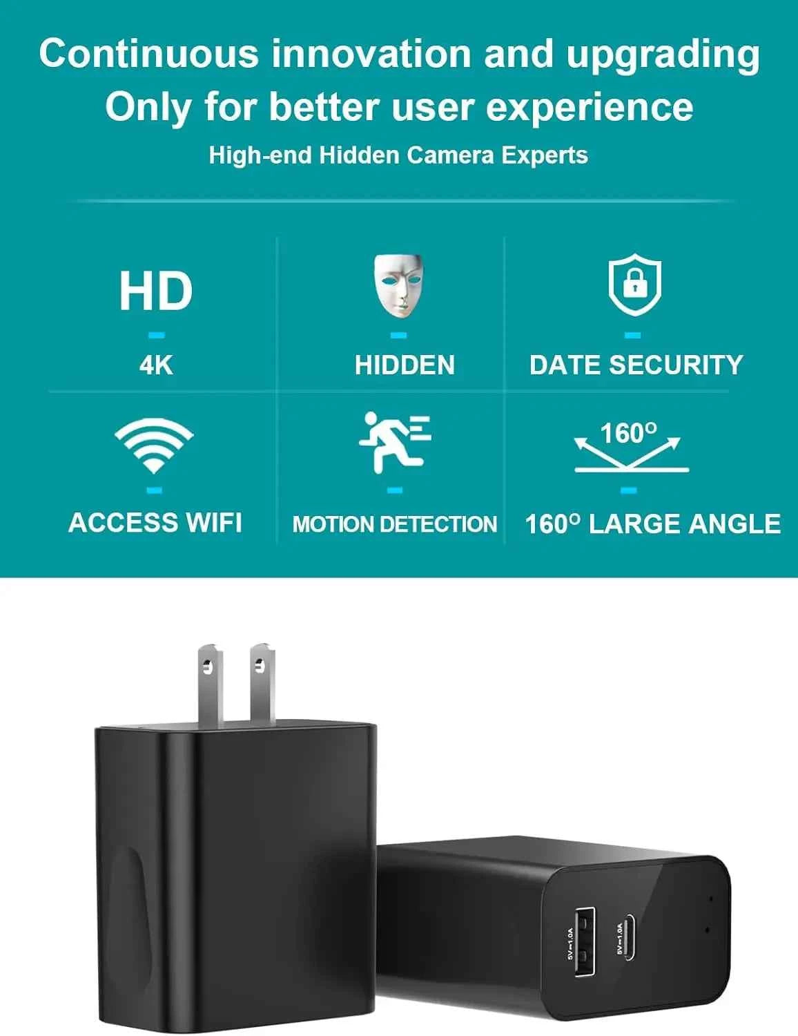 160° Wide Angle 4K HD Charger Camera with Motion Detection and App Control