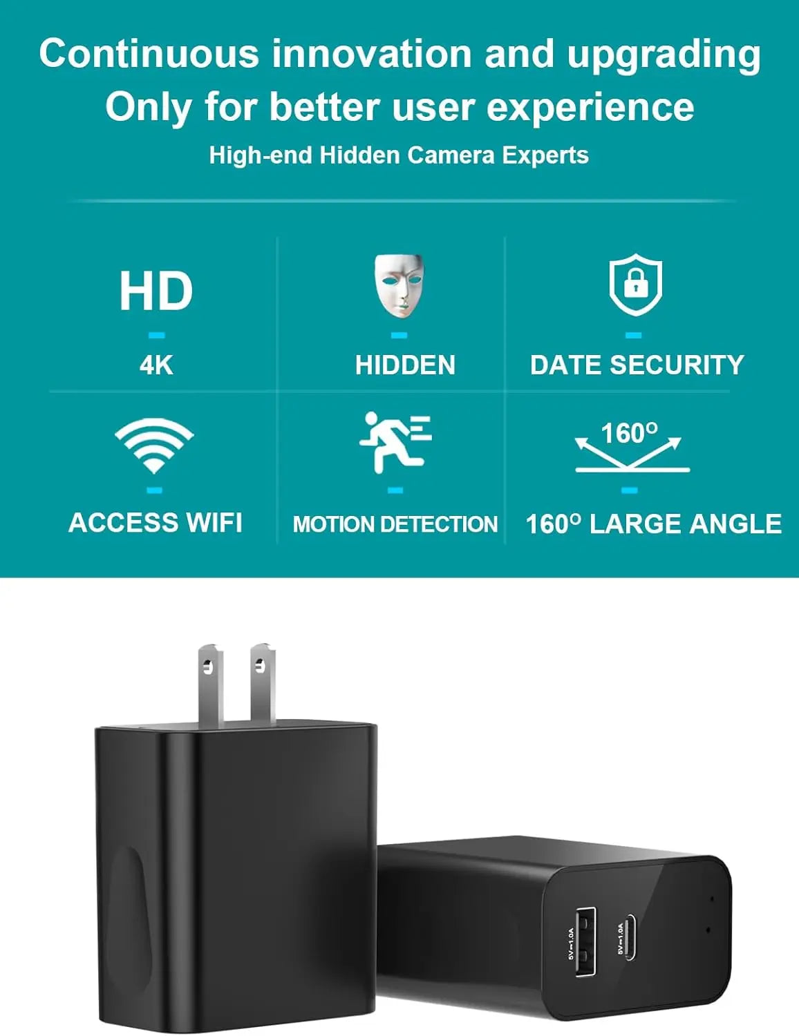 160° Wide Angle 4K HD Charger Camera with Motion Detection, App Remote Control and 24/7 continuou.