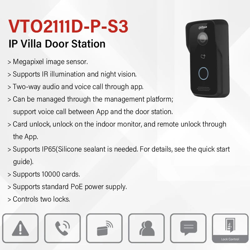 Dahua 2MP Doorbell Camera VTO2111D-P-S3 IP Video Intercom Supports Card APP Unlock PoE Full Digital H.265 2025 Latest Version