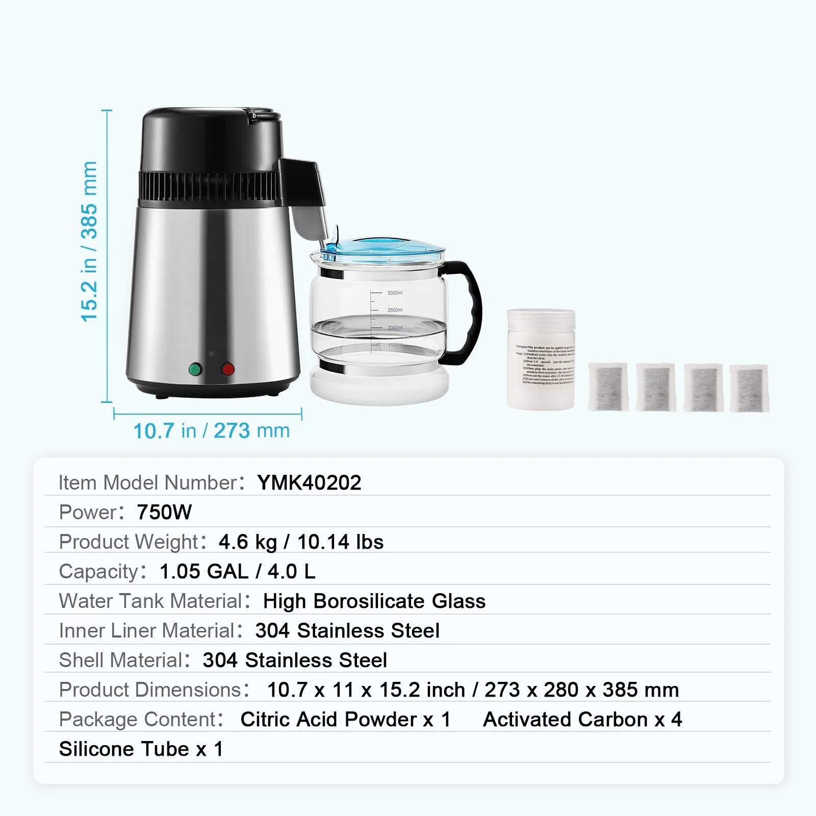 4L Water Distiller 750W Countertop Pure Water Filter System