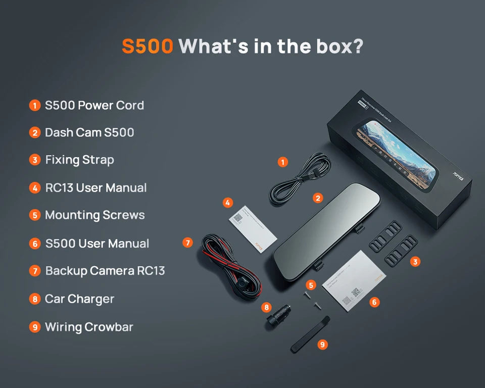 70mai Rearview Dash Cam S500 9.35'' Touch Screen 70mai S500 Car DVR 3K Super Capacitor Dual-Channel HDR Voice Control 24H Park