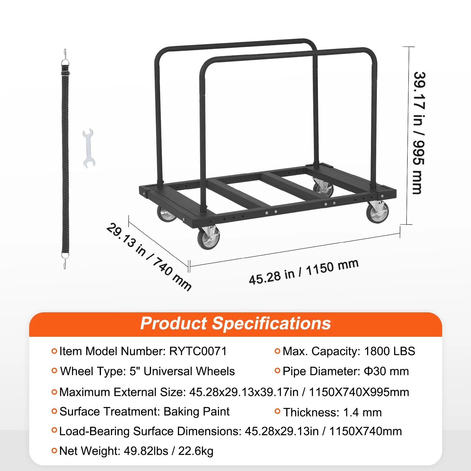 1800 lb Drywall Panel Dolly Cart with Swivel Casters & Strap