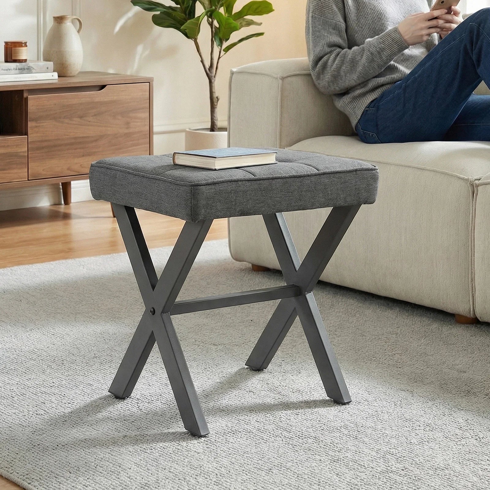 Folding Linen Ottoman with Storage & Metal Legs Padded Seat