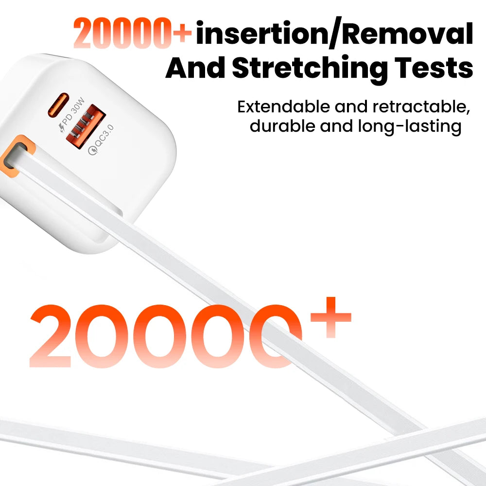 USB Wall Charger with Retractable USB-C Cable
