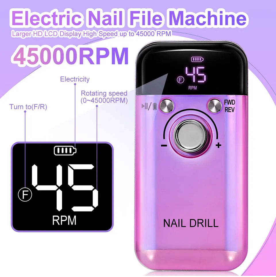 45000RPM Electric Nail Drill Machine Professional Nail Drills for Gel Nails Polish Rechargeable Portable Nail File Manicure Tool