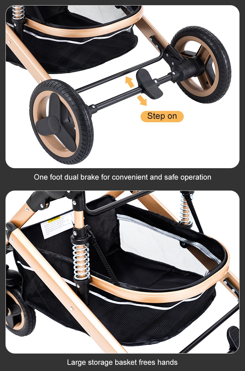 3-in-1 Luxurious Portable Baby Stroller with High Landscape Frame