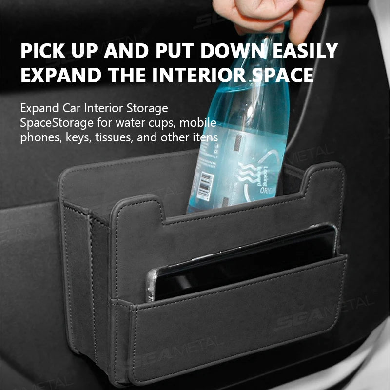 SEAMETAL Tiny Car Trash Can with Pocket Waterproof PU Leather Seat Back Storage Bag Foldable Hanging Car Organizer Dustbin Bin