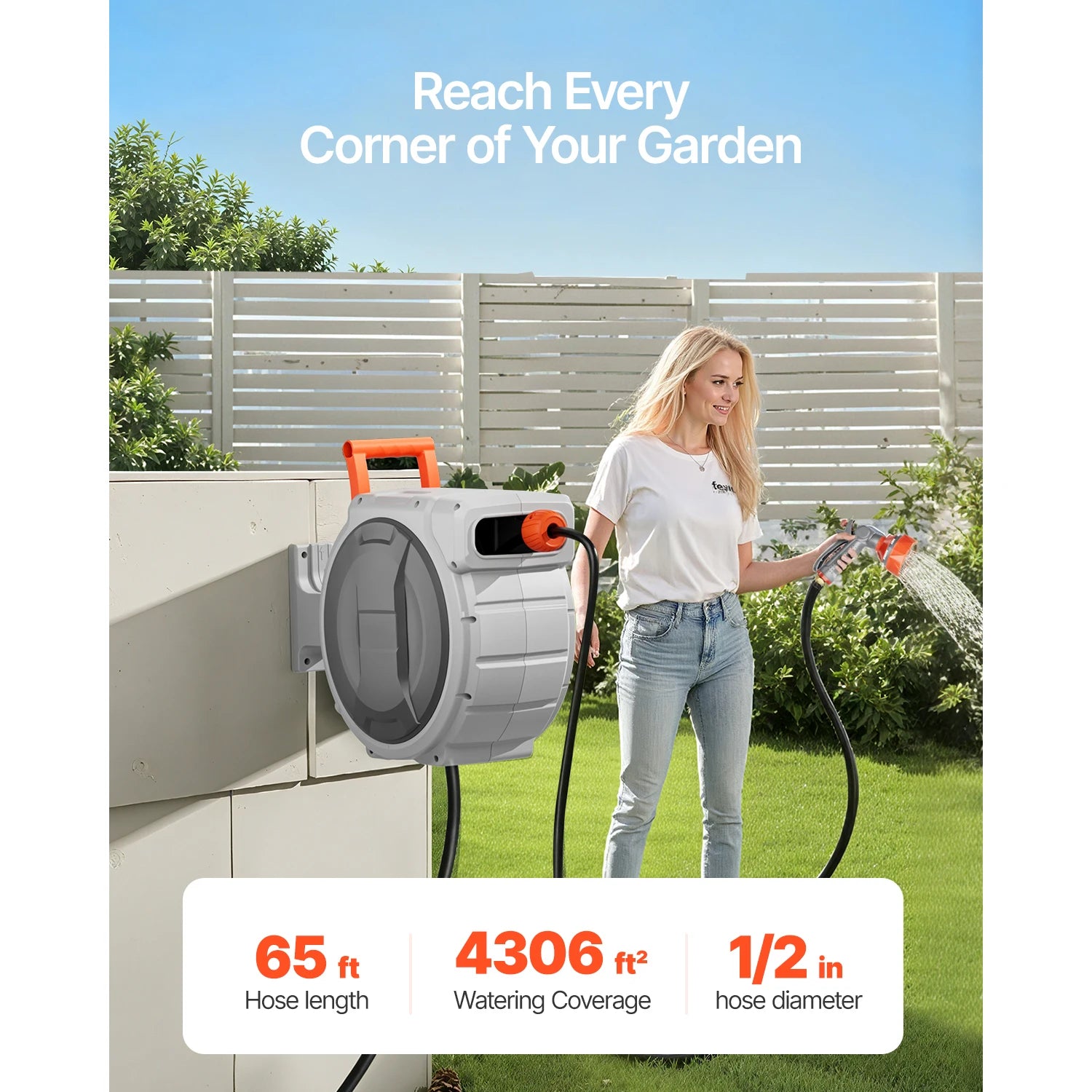 SucceBuy Retractable Garden Hose Reel - nástěnný navíjecí naviják na hadici do zahrady, těžký, s 9-pattern tryskem, otočný 180°, držák se otáčí.
