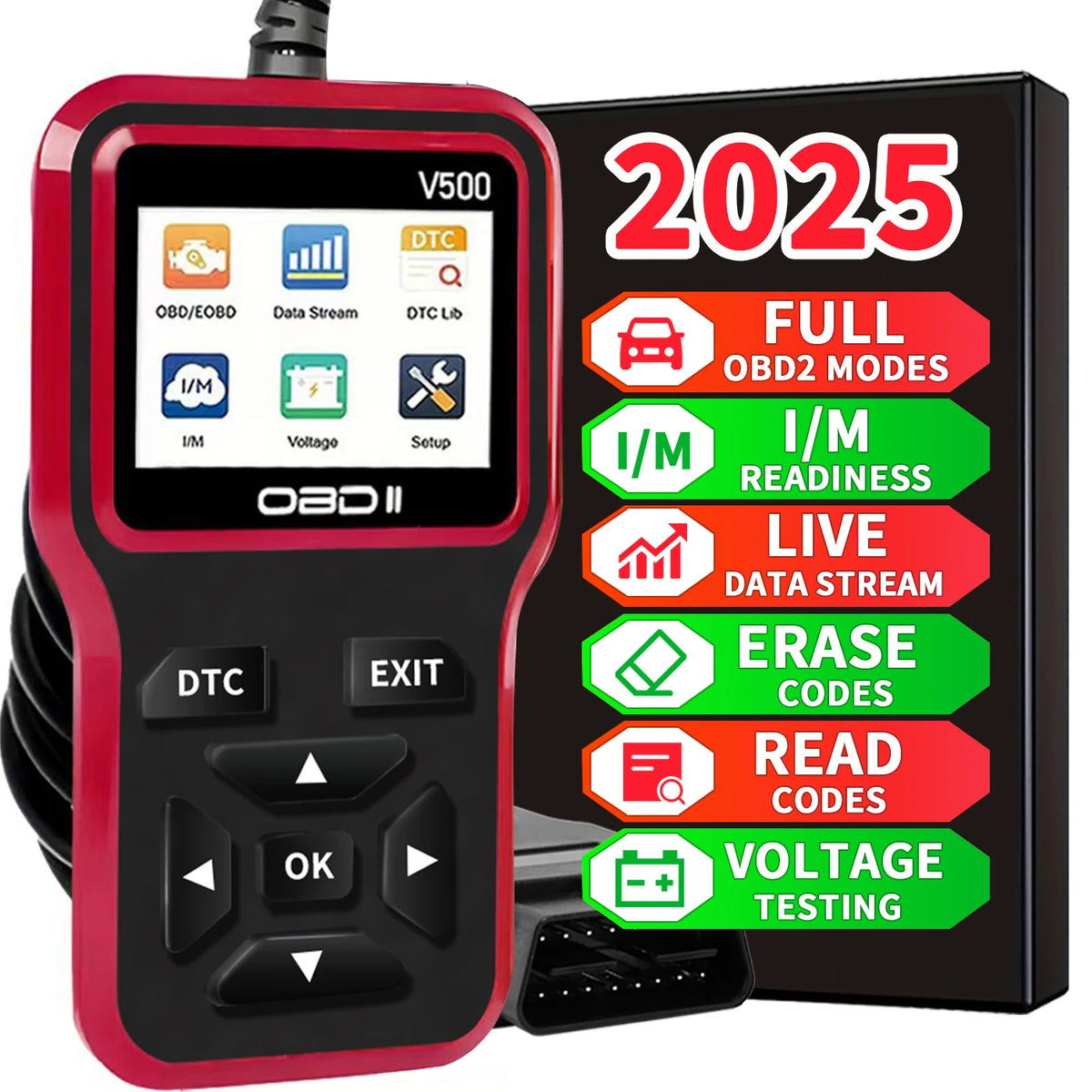V500 OBD2 Engine Code Reader with Live Data & Voltage Display