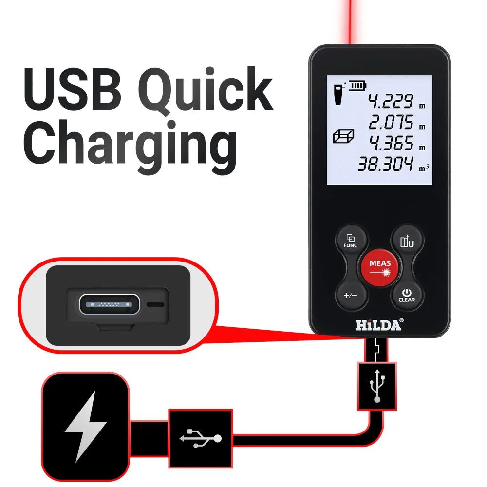 HILDA 50/100/120M Laser Rangefinder Red/Green Light Laser Distance Digital Tape Rechargeable and Measurable Angle Laser Measure