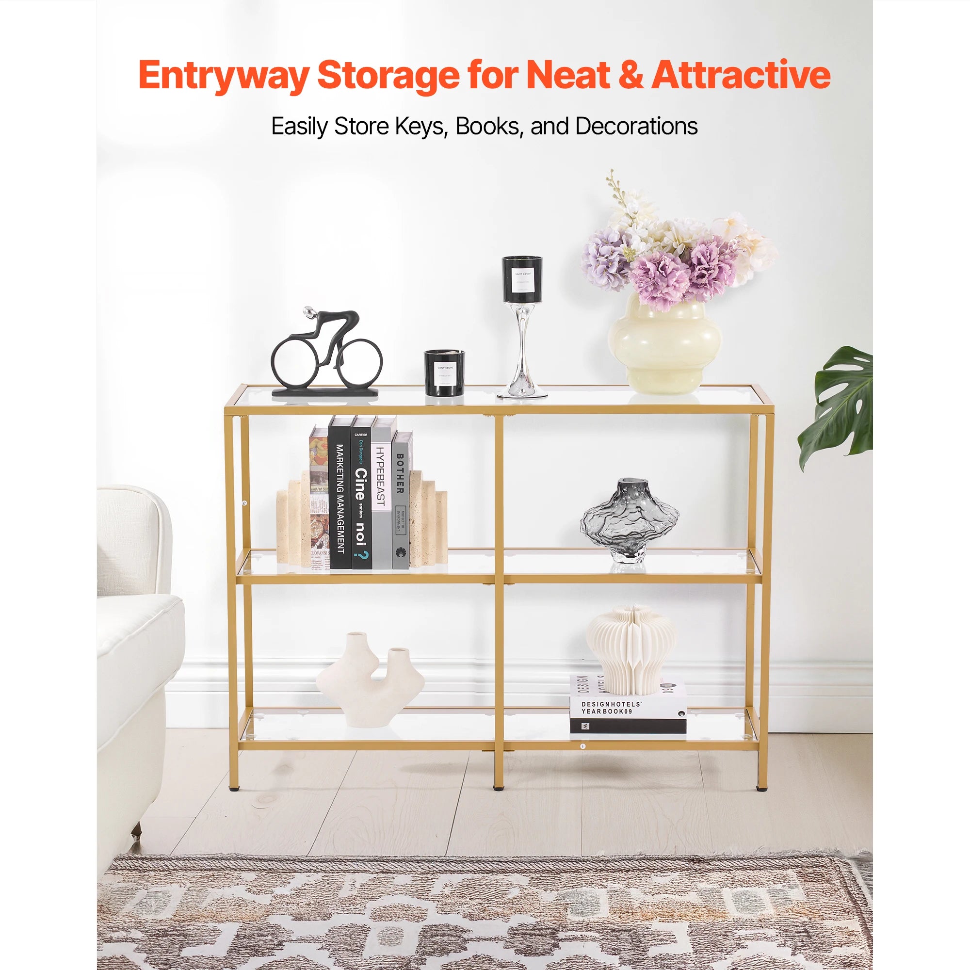 Modern Glass Console Table with Metal Frame, Multi-Tier Storage